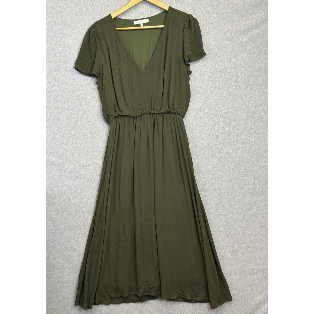 WAYF Large Midi Dress Olive Green V-Neck SS Granola Earthy Forest Fairy Goblin